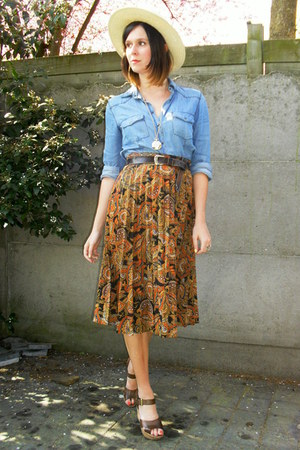 brown hat orange skirt wedges burnt cream sky dark shirt paisley chictopia denim