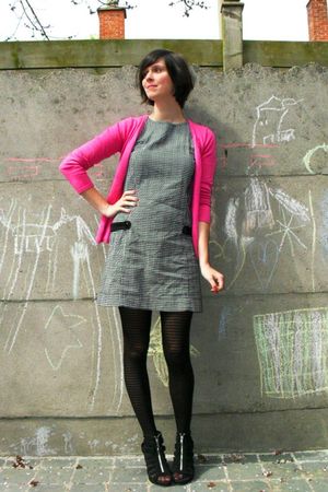 black dress pink cardigan