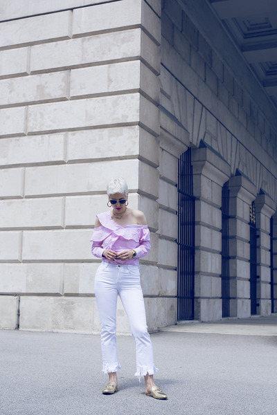 Off the shoulder blouse and white denim
