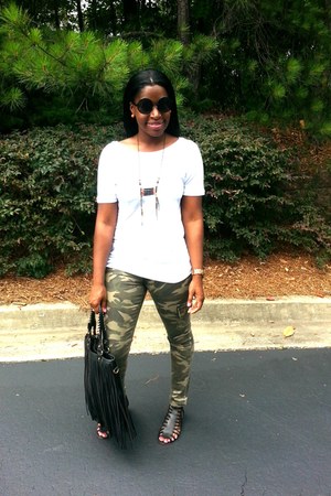 Black Bags, Army Green River Island Pants, White Low Cut ...