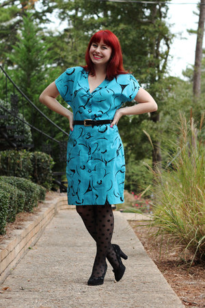 Sky Blue 80s Shirt Dress Vintage Dresses, Black Polka Dot Kmart Tights