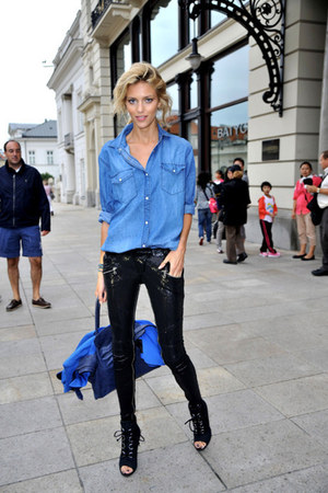 black pants blue jean shirt