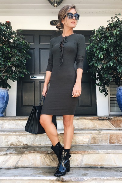 olive lace up body con dress