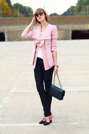 Light Pink Ruffled Romwe Blazers, Black Snakeskin H&M Jeans | 