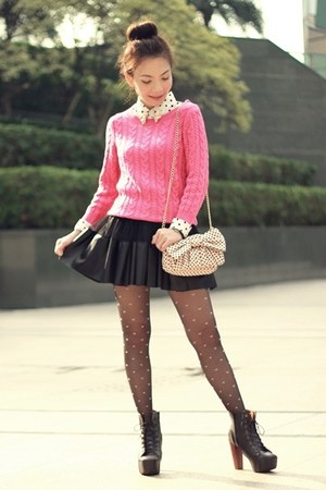 Hot Pink Knit H&M Sweaters, White Shirts, Black Pink Hearts Tights