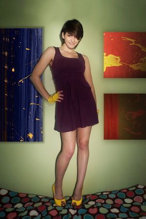 purple dress yellow shoes